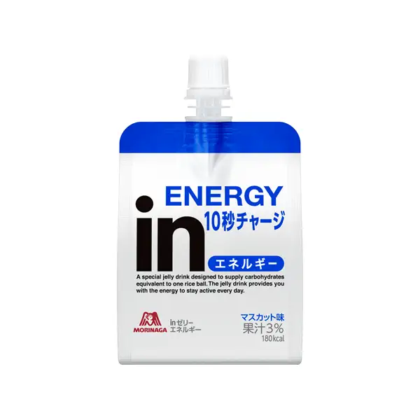 Morinaga in Jelly Energy muscat-flavour pouch with blue cap and bold ENERGY lettering.